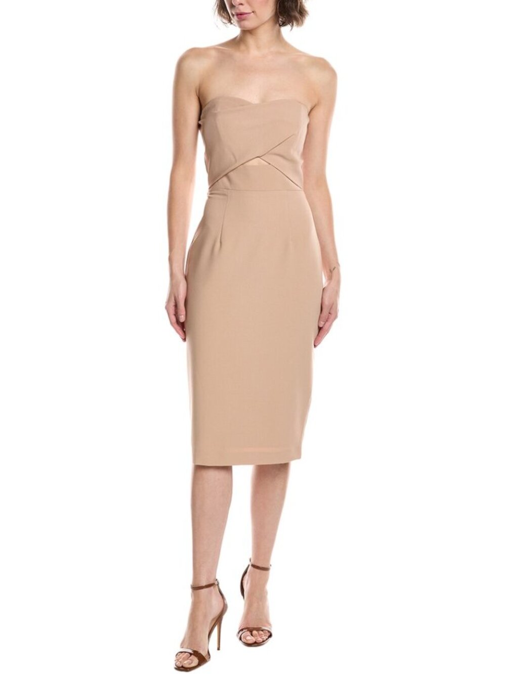 NWT Halo Jada Beige Nude Strapless Cutout Cocktail Midi Dress Sz 4 Wedding Party